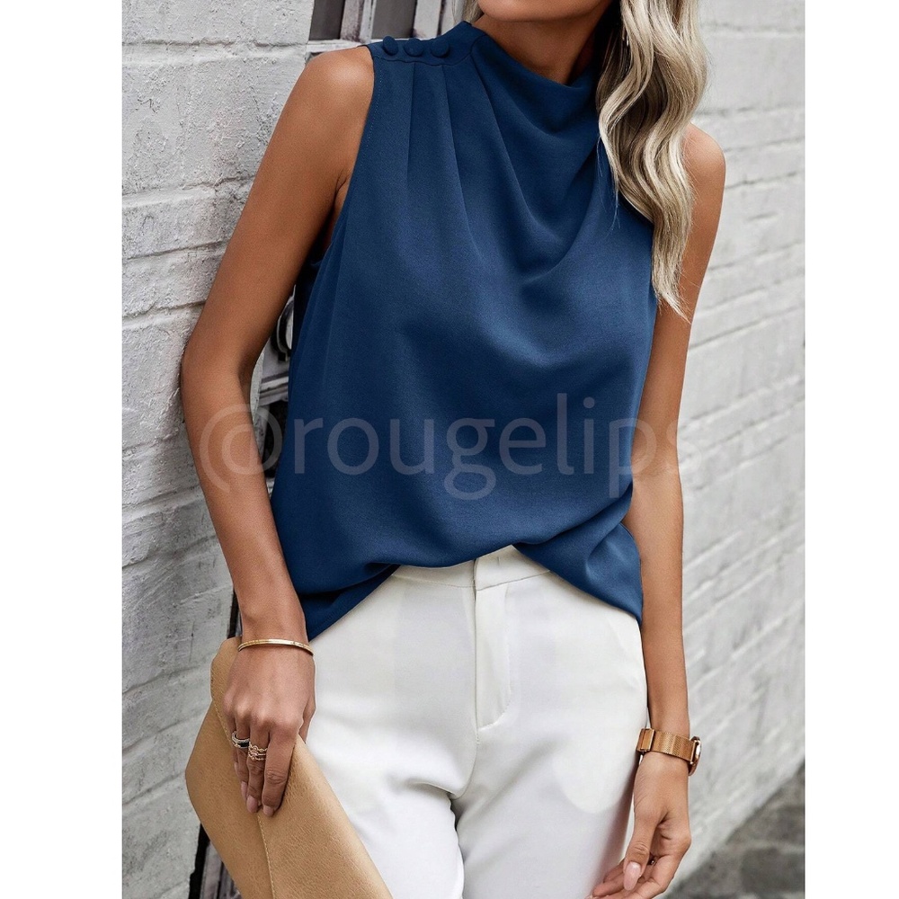 Blue Cowl Draped Pleated Neck Sleeveless Top Blouse Decorative Shoulder Buttons - Picture 3 of 7